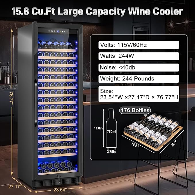 Wine Cooler-Wine Refrigerator 24 Inch Wide Large Freestanding/Built in Wine Fridge for 176 Bottles with Safety Lock Cellar Chiller Low Noise, Fast Cooling, Black