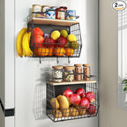 Wawocs Magnetic Shelf for Fridge with Wood Lid, 2 Tier Fruit Baskets Wall Mounted Hanging Basket with 4 Hanger Hooks, Potato and Onion Magnetic Storage Bins for Kitchen Counter, Refrigerator, Cabinet