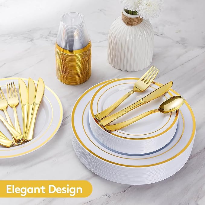 Goodluck 420 Pieces Gold Disposable Plates for 70 Guests, Plastic Plates for Party, Dinnerware Set of 70 Dinner and 70 Dessert Plates, 70 Spoons, 70 Forks, 70 Knives, 70 Cups