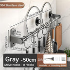 Hanging Wall Mount knife Wall Mount, Kitchen Organizer Storage Shelf for Utensils Spatula Spoon, Space-Saving Knife Rack with Hooks,Wall-Mounted Utensil Holder (Grey, 50CM+Single Pole+8Hooks)