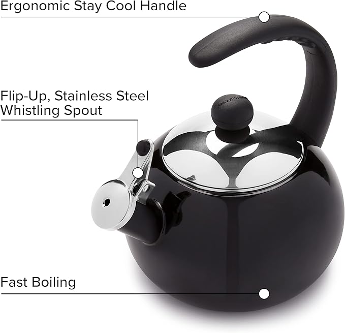 Farberware Luna Water Kettle, Whistling Tea Pot, Works For All Stovetops, Porcelain Enamel on Carbon Steel, BPA-Free, Rust-Proof, Stay Cool Handle, 2.5qt (10 Cups) Capacity (Black)