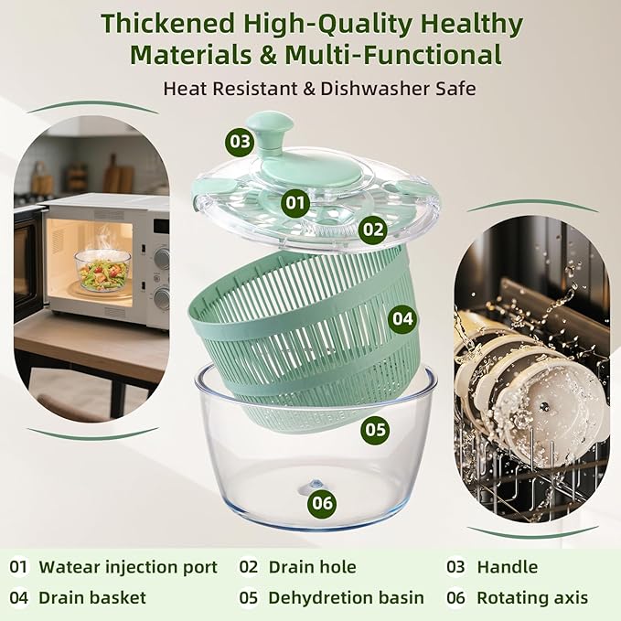 Large 5.2 Qt Glass Salad Spinner Vegetable Dryer with Drain Microwave Safe Dishwasher Safe with Transparent Lid Crank Handle Quick Spin Greens Washer for Lettuce Herbs Fruits