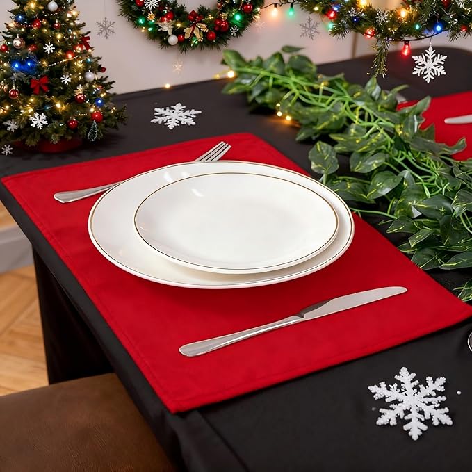 Linen Type Fabric Placemats Set of 4, Machine Washable, Heat Resistant, Wrinkle Free Thick Polyester Kitchen Place Mats for Dining Table (Red)