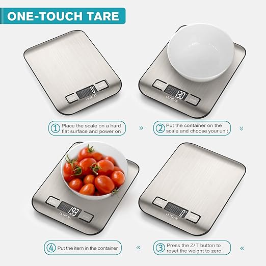 Ultrean Food Scale, Digital Kitchen Scale with LCD Display, Weight Grams and Ounces for Baking Cooking and Meal Prep, 6 Units with Tare Function, 304 Stainless Steel, 11lb (Batteries Included)