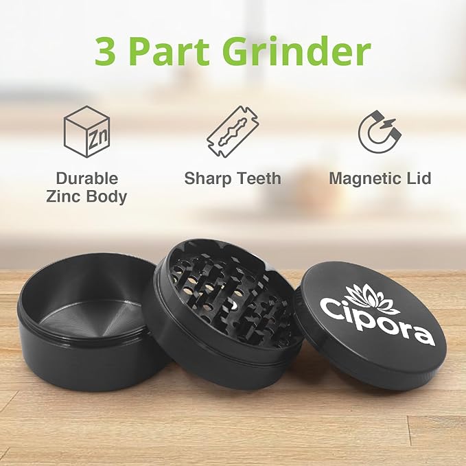 2.5" Manual 3-Piece Zinc Grinder with Large Bottom Chamber (Black)