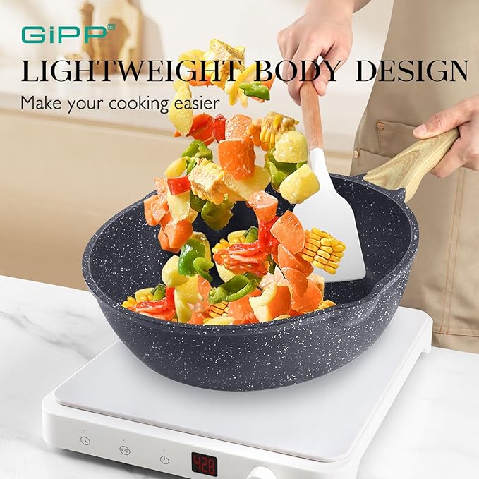 GiPP Pots and Pans Set Non Stick - 14Pcs Granite Kitchen Cookware Sets Nonstick Induction Cookware Non-Toxic Cooking Pan Set with Silicone Utensils, PFOS and PFOA Free, Dark Gray
