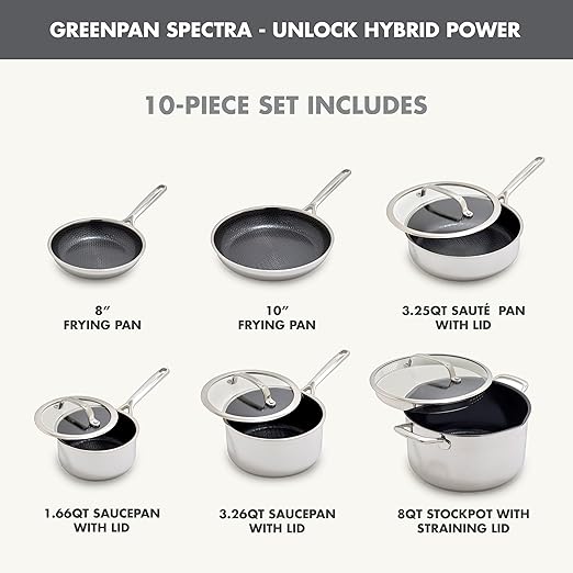 GreenPan Spectra 10 Piece Cookware Set,Hybrid Tri-Ply Stainless Steel, PFAS-Free Ceramic Nonstick Textured Cooking Surface,Induction Pots & Pans with Lids, Dishwasher Safe,Oven & Broiler Temp to 850˚F