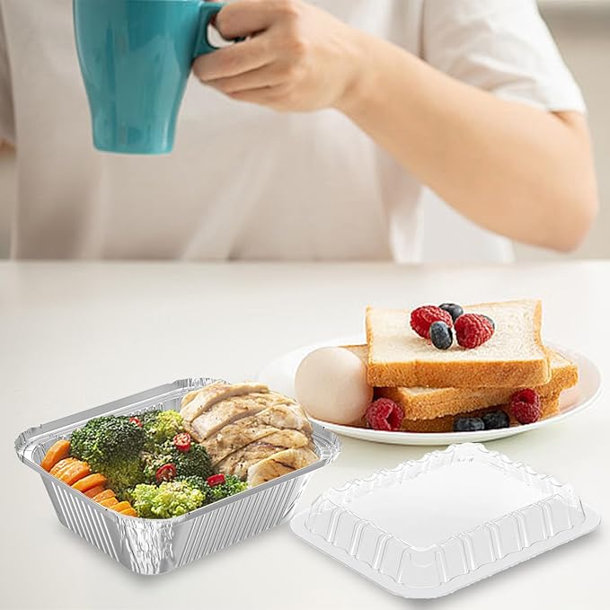iHomeSet 100 Pack 1 lb Rectangular Disposable Aluminum Foil Pan 16 oz Take Out Food Containers with Clear Plastic Dome Lids, for Catering, Baking, Roasting Food