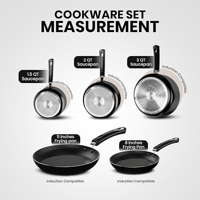 KICHLY 8 Piece Pots and Pans Set, Non Stick Kitchen Cookware Set with 20cm & 28cm Frying Pans and 16cm, 18cm, 20cm Saucepans with Lids, Induction Compatible Pots and Pans Set Non Stick, Black