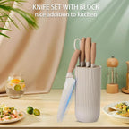 Knife Set, 6 Pieces Professional Kitchen Knife Set with Universal Knife Block, Super Sharp Knife Block Set with Ergonomic Handle Non-stick Stainless Steel Knife Block Set (Khaki)