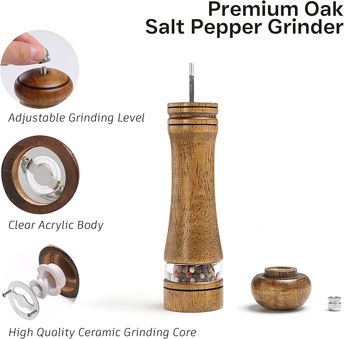 Wood Salt and Pepper Grinder, Salt Grinder and Pepper Mill, Oak Wood Shakers with Adjustable Ceramic Grinders (8″ - 1 Pack with Tray)