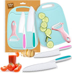 4 Pieces Kids Knife Set for Real Cooking, Toddler Knife Set with Ceramic Peeler for Kitchen, Kids Cutting Board and Safe Plastic Knives for Cutting Cakes, Fruit, Veggies & Bread