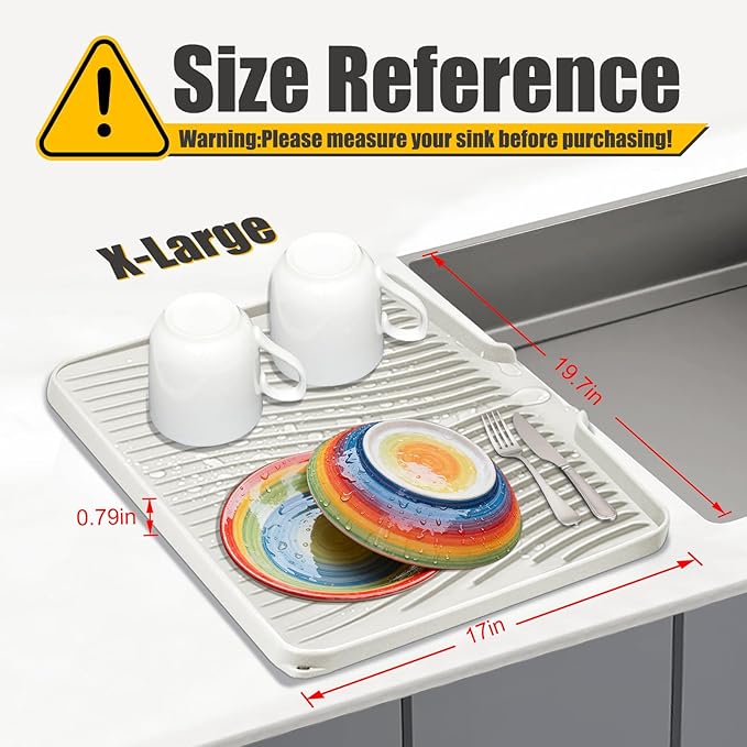 TIKNIK Silicone Dish Drying Mat, Stone Drying Mat for Kitchen Counter with Built-In Drain, Non-Slip Drain Pad with Built-in Drain, Heat Resistant Stone Drying Mat, Hangable, Cream-1pcs, 20" x 15"