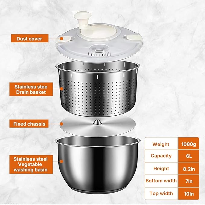 Stainless Steel Salad Spinner, 6L Multi-Use Lettuce Spinner with PP Lid, Large Vegetable Washer with Non-Slip Base, Fruit Washer，Vegetable Dryer