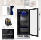 15 Inch Beverage Refrigerator - 125Cans Capacity Drink Cooler Under Counter Mini Fridge with Glass Door, Safety Lock Built-in or Freestanding Refrigerator for Soda, Beer, Wine