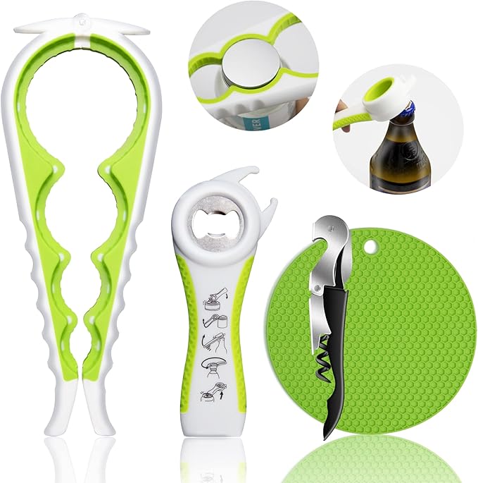 Jar Opener for Weak Hands, Seniors with Arthritis, 5 in 1 Multi Function Bottle Opener Lid Opener For Arthritic Hands with Non Slip Rubber Jar opener Gripper Pad and Corkscrew Wine Opener(GREEN)