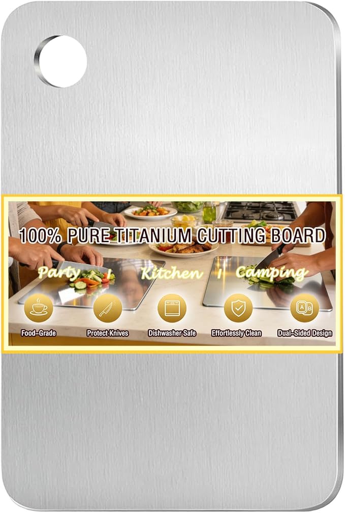 100% Pure Titanium Cutting Board, Titanium Cutting Boards for Kitchen Dishwasher Safe, Food-Grade Metal Meat Chopping Board Mat for Cooking Tasks and Outdoor Charcuterie Party (M, 12.2”×8”)