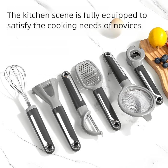 7-Piece Kitchen Gadget Set, Stainless Steel Cooking Utensils Set with Holder, 7-Pieces All Metal Kitchen Utensils, 11.4’’ Long Kitchen Tools with Countertop Rotating Stand (White)