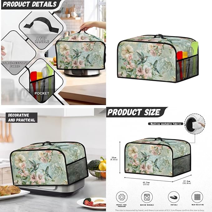 Hummingbird Floral 4 Slice Toaster Blender Slow Cooker Covers Machine Washable Small Appliance Dust Cover Sets Kitchen Appliance Organizer Anti Greasy 3PCS