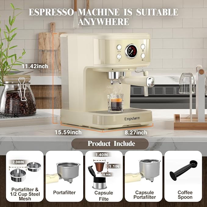 Empstorm Espresso Machine 20 Bar, 2 in 1 Espresso Maker with Milk Frother Steam Wand for Latte and Cappuccino, Powder and Capsule Portafilter, 50oz Removable Water Tank Coffee Machine for Home-White
