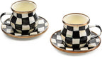MACKENZIE-CHILDS Espresso Cup and Saucer Set, Cute Small Coffee Cups and Saucers, Set of 2, Black-and-White Courtly Check