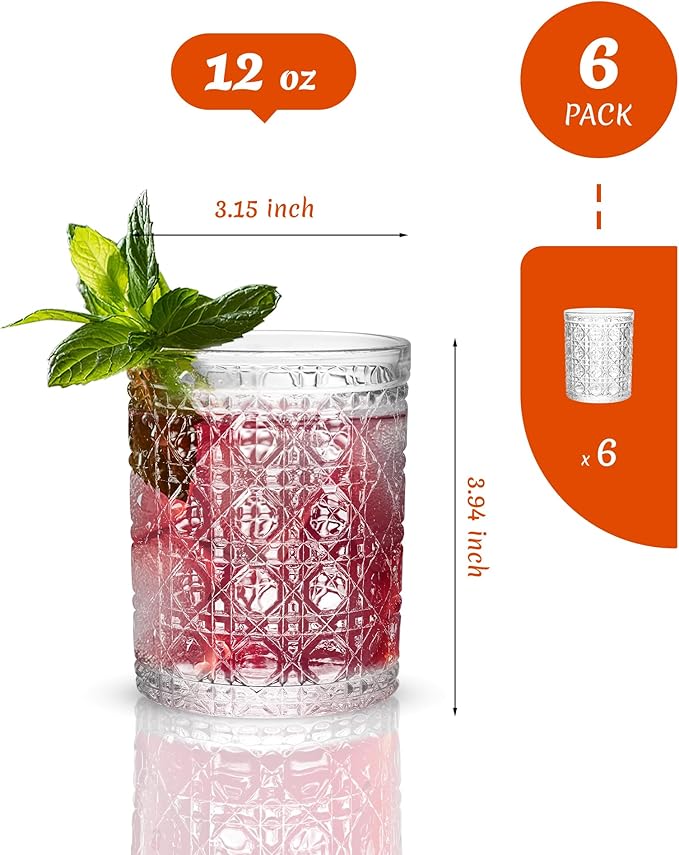 Vintage Hexagon Gemstone Pattern Drinking Glasses Set of 6, 12 oz Embossed Short Water Glasses, Clear Thick Glass Cups for Juice, Iced Coffee, Cocktails, Home & Party Use