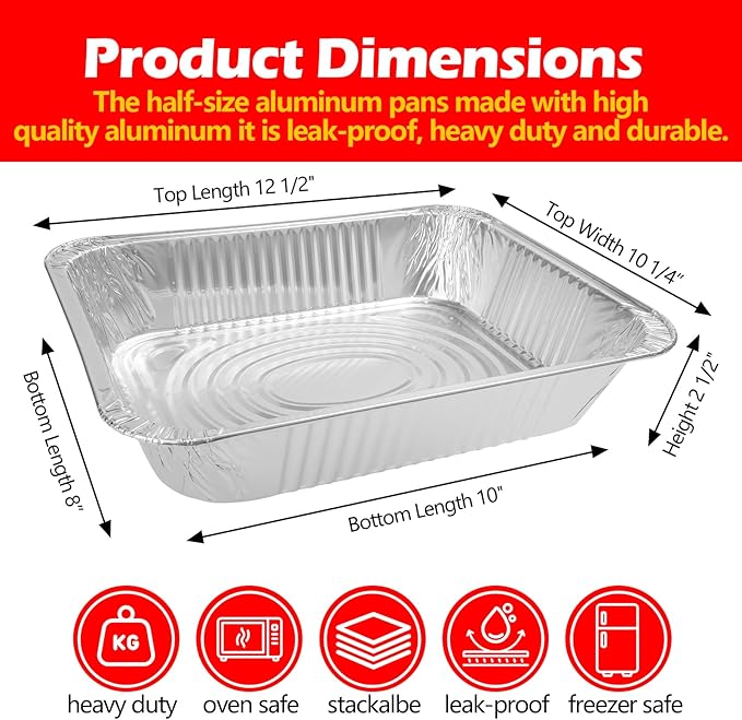 9x13 Aluminum Foil Pans, 10 Pack Disposable Trays Half Size Heavy Duty Tin Pans Deep Food Containers For Cooking, Meal Prep, Baking, Roasting, Chafing, Heating or Steam Table