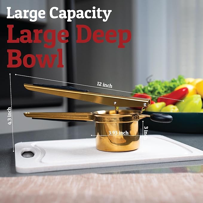 PriorityChef Large 15oz Potato Ricer With 3 Discs, Heavy Duty Stainless Steel Potato Ricer for Mashed Potatoes, Potato Masher, Press and Ricer Kitchen Tool, Gold Steel Black Silicone