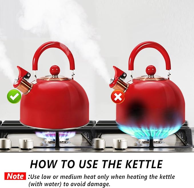 Tea Kettle,Whistling Tea Kettle Stovetop 2.6 Quart, Tea Pots for Stove Top Food Grade Stainless Steel,Wood Pattern Handle,Christmas Gift(Red),With Anti Scald Towel