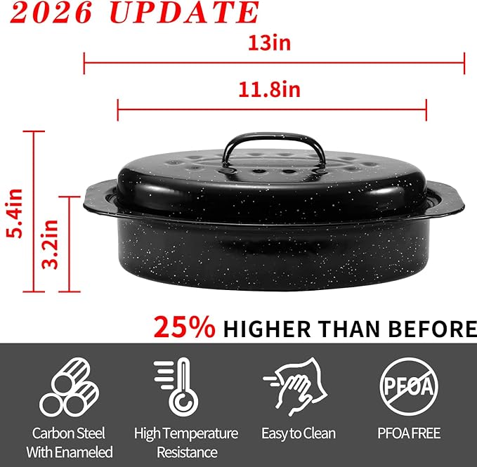 13” Granite Roasting Pan,Enameled Oval Roasting Pan with Domed Lid, Oval Turkey Roaster Pot, Broiler Pan Great - For Roasted Turkey, Chicken, Lamb, Vegetables 2026 Update