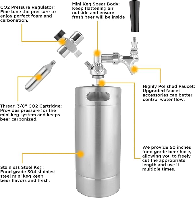 128OZ Mini Keg Growler, Pressurized Home Dispenser System with Self-Closing Design Faucet Keeps Carbonation and Fresh for Homebrew, Craft and Draft Beer