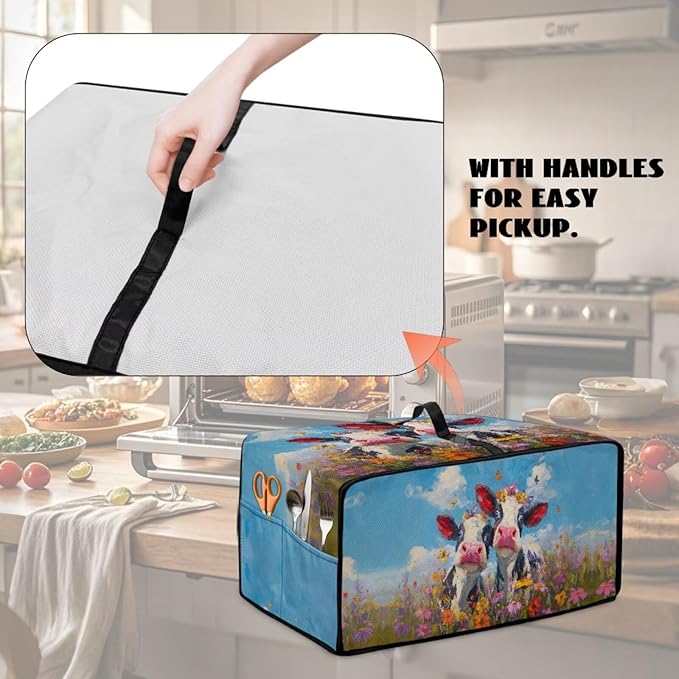 Cow Butterfly Flower Print Toaster Oven Cover, Dust-proof Heat-resistant Air Fryer Cover with Accessory Pockets, Kitchen Small Appliance Protector, (Large-18.5*22.5*12.99 inches)