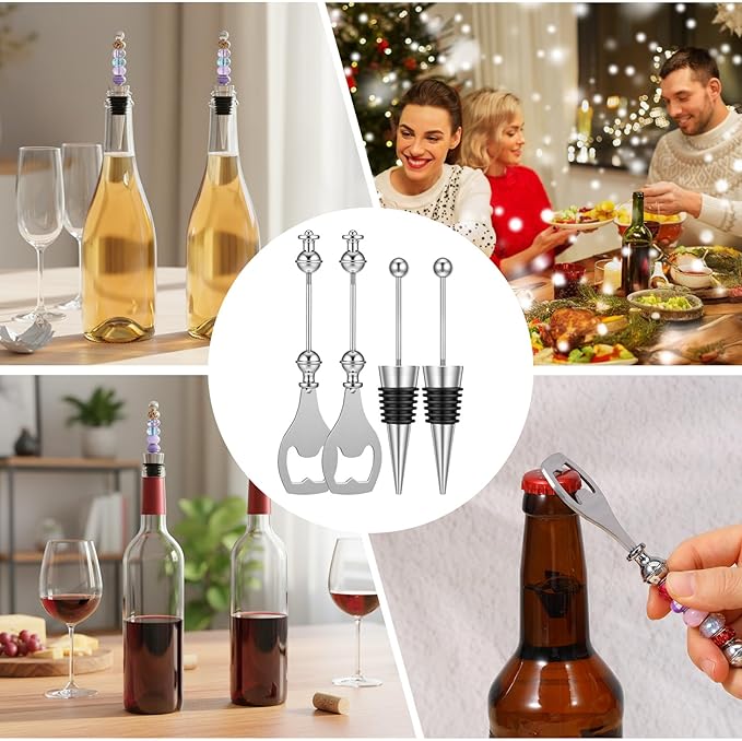 20 Pcs Beadable Wine Stoppers and Beer Openers Bulk, Reusable Alloy Decorative Bottle Stopper, DIY Craft Beer Opener Set for Spring, Summer, Fall, Halloween, Christmas, Party Favor Gifts