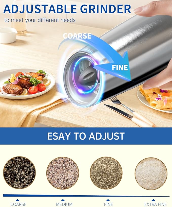 CIRCLE JOY Stainless Steel Graviry Electric Pepper Grinder Automatic Salt Grinder Pepper Griner Mill Electric, Battery Operated, LED Light, Adjustable Coarseness, for Home Kitchen BBQ, Silver