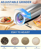 CIRCLE JOY Stainless Steel Graviry Electric Pepper Grinder Automatic Salt Grinder Pepper Griner Mill Electric, Battery Operated, LED Light, Adjustable Coarseness, for Home Kitchen BBQ, Silver