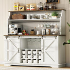 55 Inch Farmhouse Coffee Bar Cabinet with 3-Tier Enclosed Storage Cabinet, Kitchen Hutch with 12 Wine Racks & 3 Glass Holders, Coffee Bar with 6 Hooks, Wood Furniture for Dining Living Room, White