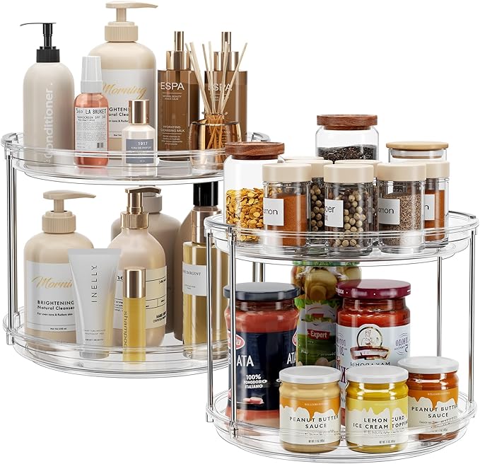 LAMU 2 Pack 2 Tier Lazy Susan Turntable Organizer 9.25'' Rotating Spice Rack Organization for Cabinet, Kitchen, Pantry, Countertop, Bathroom, Vanity, Medicine Cabinet Organizer, Clear