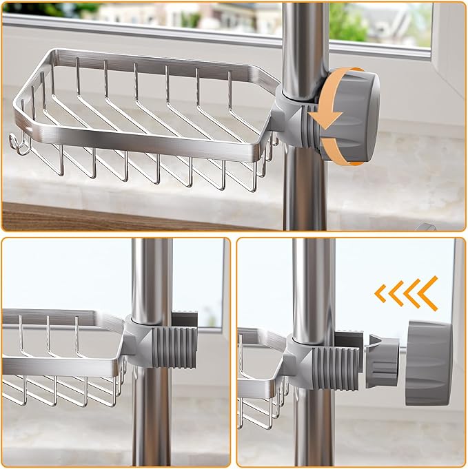 LONIN Stainless Steel Kitchen Sink Organizer Caddy – Over Faucet Sponge & Brush Holder, Rust-Resistant, Adjustable Universal Fit Faucet Rack, Quick Drain Sink Space Saver