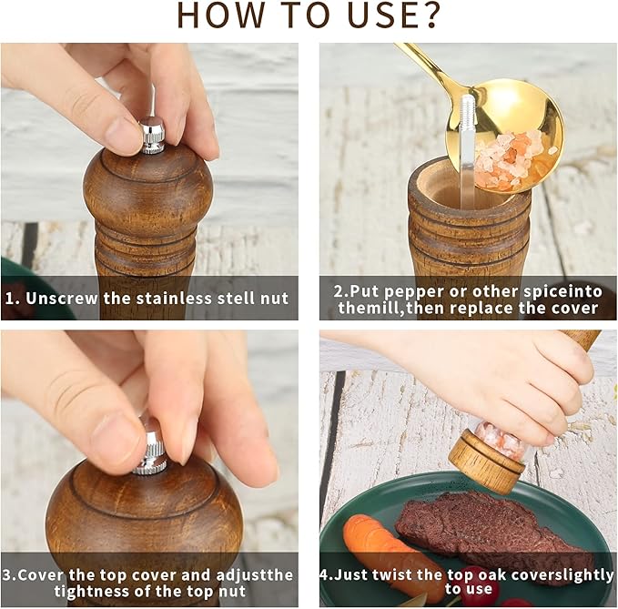 Haomacro Pepper Grinder, Wood Salt and Pepper Mills Set, Classic Manual Spice Grinder Refillable Salt Mill Sets with Acrylic Visible Window Adjustable Ceramic Grinding Rotor 8 inch 2 Pack
