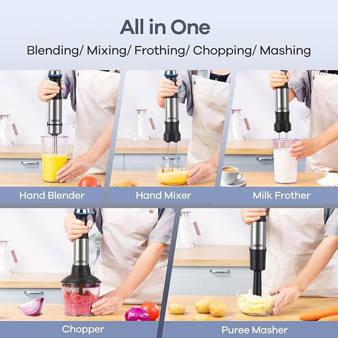 Ganiza Immersion Blender Handheld, 6 in 1 Hand Blender Stainless Steel Blade, 15 Speed Stick Blenders Electric, 800ml Mixing Beaker, 600ml Chopper, Whisk, Frother, Potato Masher