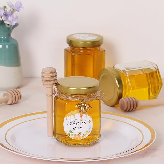 BIGIVACA 3 oz Hexagon Mini Glass Honey Jars with Wood Dippers,48 Pack Small Honey Jars with Gold Lids,Bee Pendants,Jutes,Bee Stickers,Perfect for Baby Shower,Wedding Favors,Party Favors