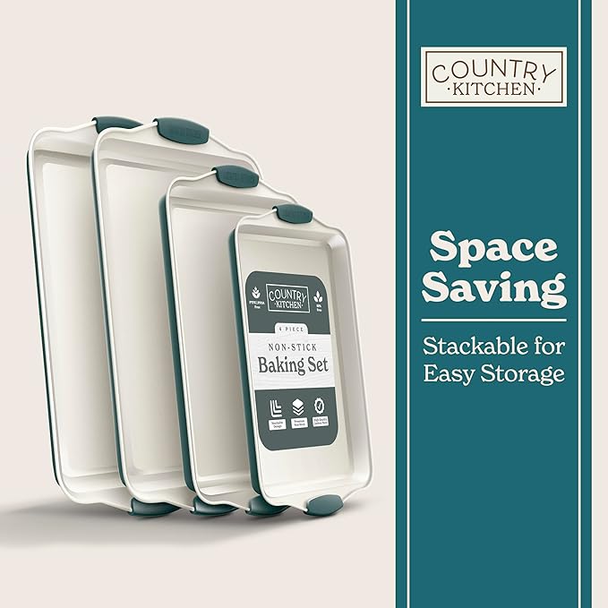 Country Kitchen Nonstick Stackable Bakeware Set - Heavy Duty, Durable, Easy Release Baking Set, Sage, 4 Pcs