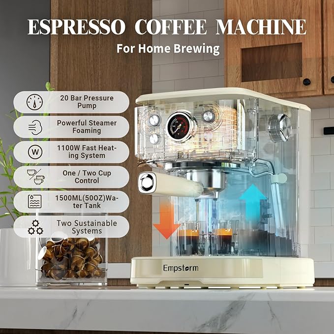 Empstorm Espresso Machine 20 Bar, 2 in 1 Espresso Maker with Milk Frother Steam Wand for Latte and Cappuccino, Powder and Capsule Portafilter, 50oz Removable Water Tank Coffee Machine for Home-White