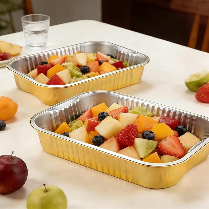 13"x 8.8"Gold Aluminum Foil Pans with Chear Lids & Handles(10 Pack) Heavy Duty Aluminum Pans, Disposable Foil Pans Containers for Cooking, Baking, Reheating, Freezer, Oven, Food Storage, 118oz
