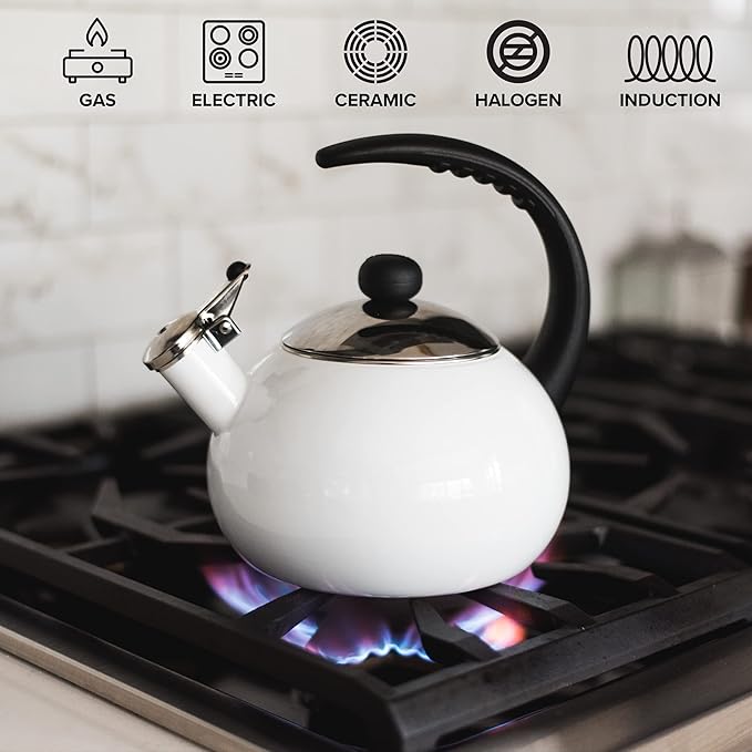 Farberware Luna Water Kettle, Whistling Tea Pot, Works For All Stovetops, Porcelain Enamel on Carbon Steel, BPA-Free, Rust-Proof, Stay Cool Handle, 2.5qt (10 Cups) Capacity (White)