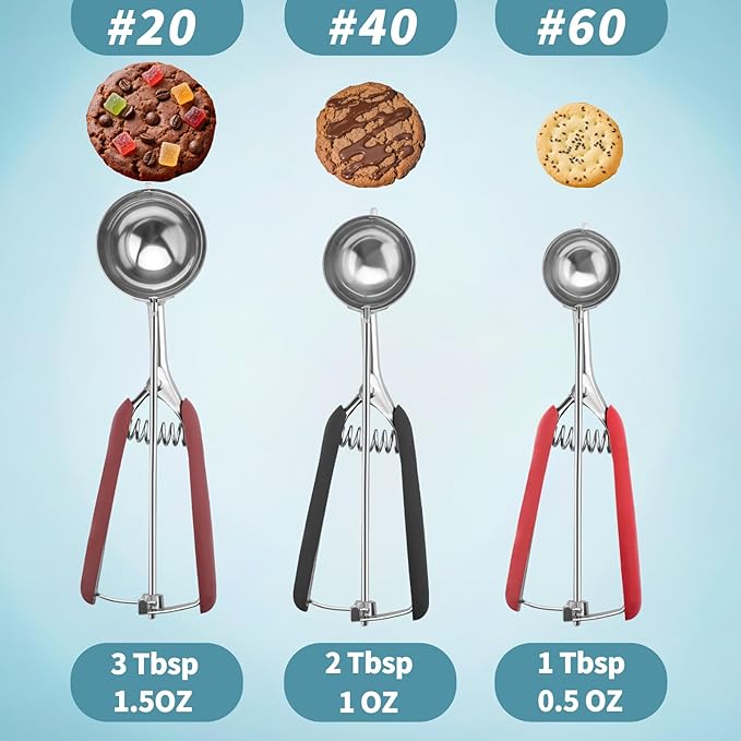 Cookie Scoops for Baking Set of 3, 18/8 Stainless Steel Ice Cream Scoop, 1 Tbsp/2 Tbsp/3 Tbsp Cookie Dough Scoop, Red/Black/Burgundy Non-slip Grip, for Cookie Cupcake Muffin Ice Cream