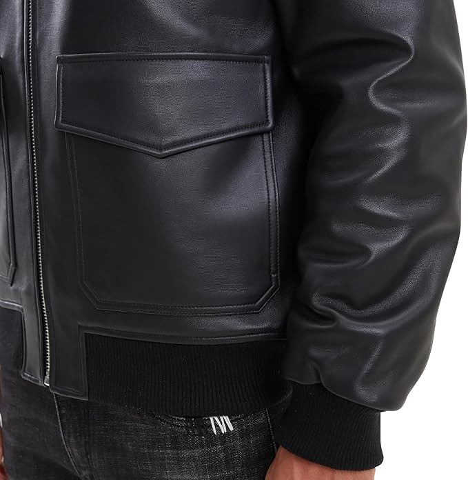 Leather Jacket Men,Lambskin Bomber Jacket with Removable Real Fur Collar,Front Zip Closure, Multiple Pockets