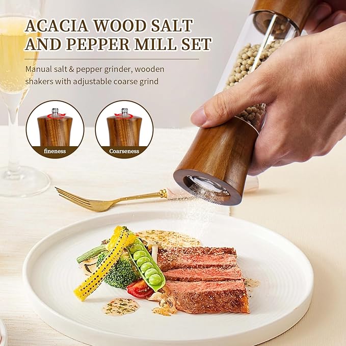 Acacia Wood Premium Acrylic Salt and Pepper Grinder Set 8 Inches Salt and Pepper Mill Set, Manual Mills- Wooden Shakers with Adjustable Ceramic Core 2 Pack for Kitchen Home Gift