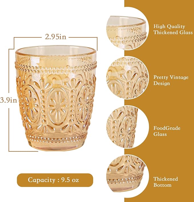 abrwyy Amber Glassware set of 4 Vintage Drinking Glasses, 9.5oz Amber Heavy Duty Glass Cups, Old Fashioned Glass, Set for Party Wedding Home Office Glassware Gift