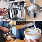 Milk Frothing Pitcher, 350ml (12oz) Steaming Pitchers Stainless Steel Milk Coffee Cappuccino Latte Art Barista Steam Pitchers Milk Jug Cup with Decorating Art Pen, Gold
